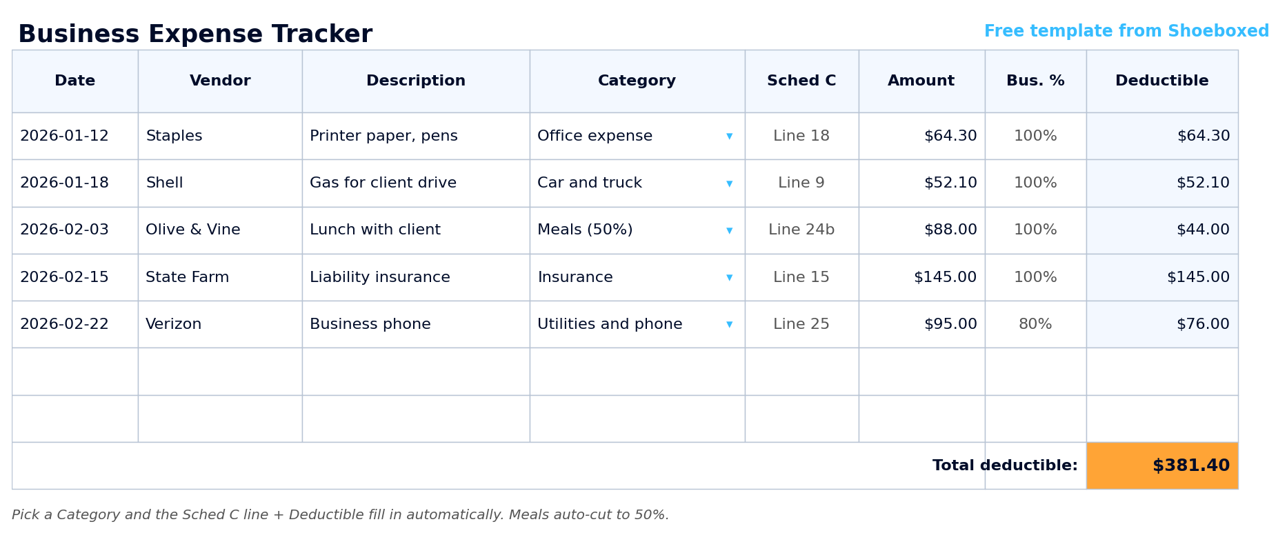 Excel business expense template showing the Schedule C line and deductible amount filling in automatically for each expense, with business meals cut to 50 percent