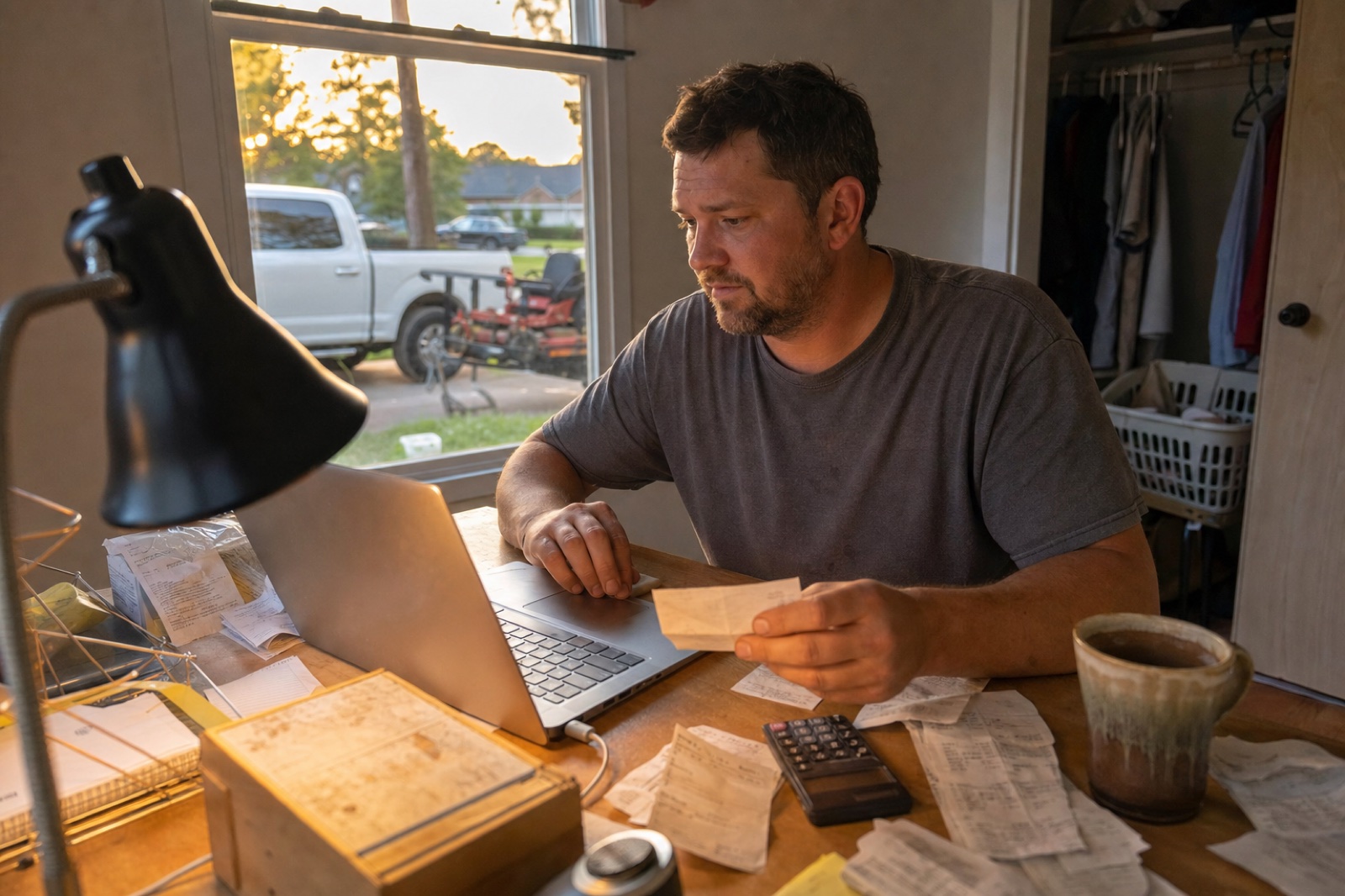 Lawn care business owner doing the books at a home desk in the evening, paper receipts beside the laptop and the work truck and trailer parked outside the window