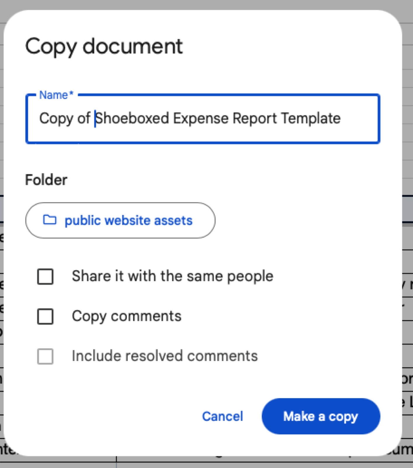 Google Sheets Copy document modal showing Copy of Shoeboxed Owner-Operator Expense Spreadsheet ready to save into the user's Drive