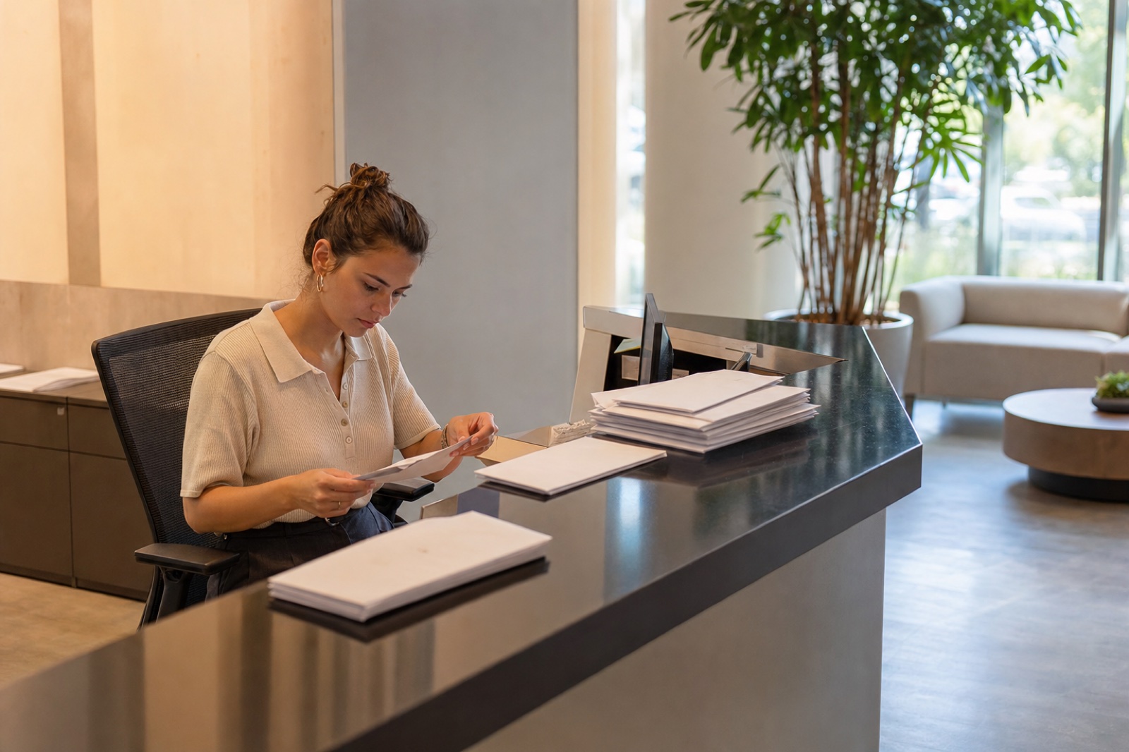 A staff member at a business center reception desk sorting business mail.