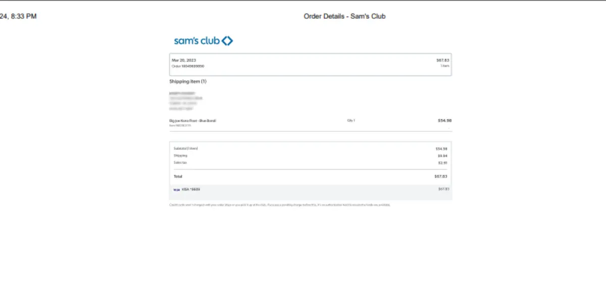 A Sam's Club receipt open in purchase history with the option to download or print it.