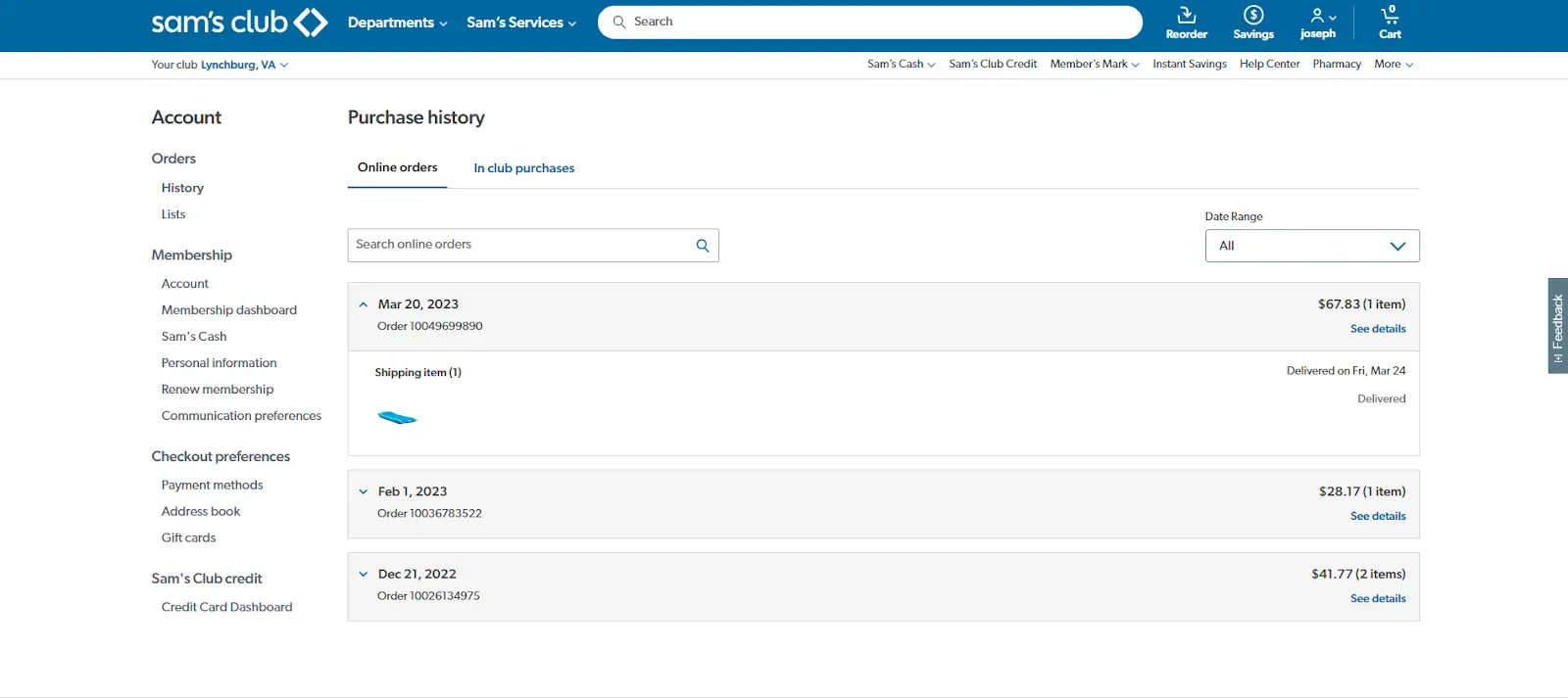 Sam's Club account menu open with the Purchase History section selected.