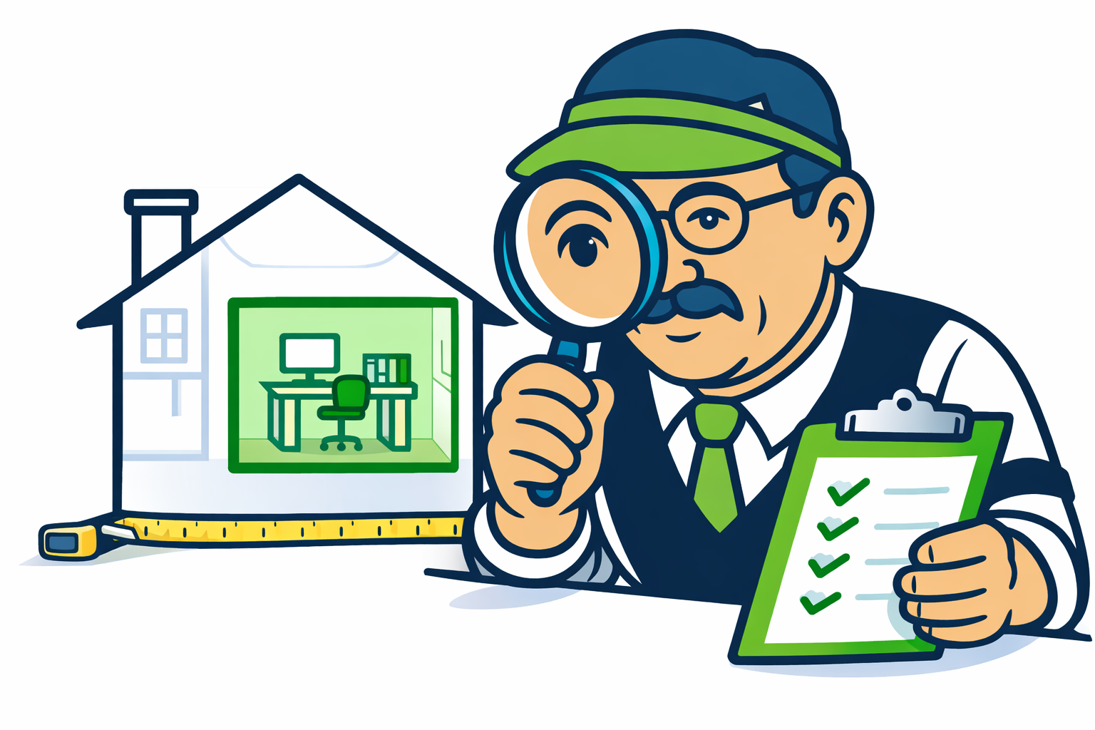 Shoeboxed mascot inspecting a home office